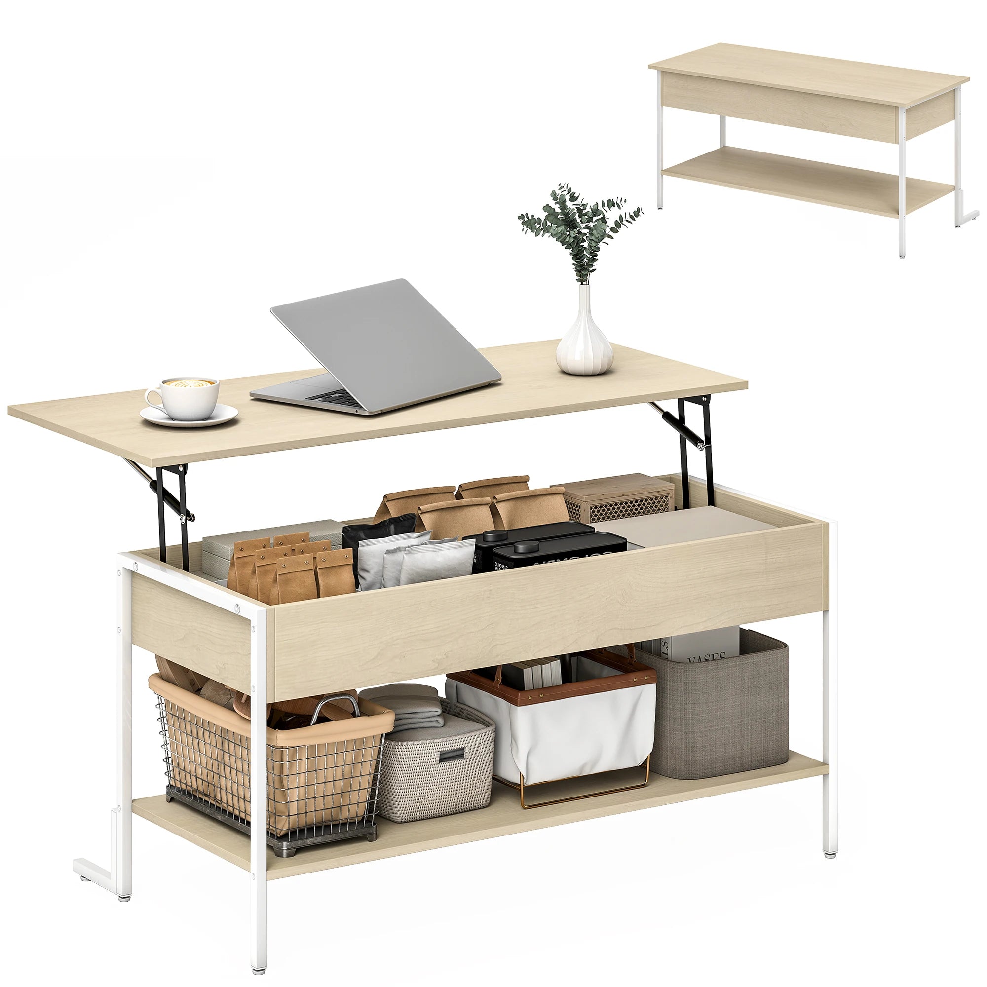 Table basse relevable avec rangement 95 × 40 cm