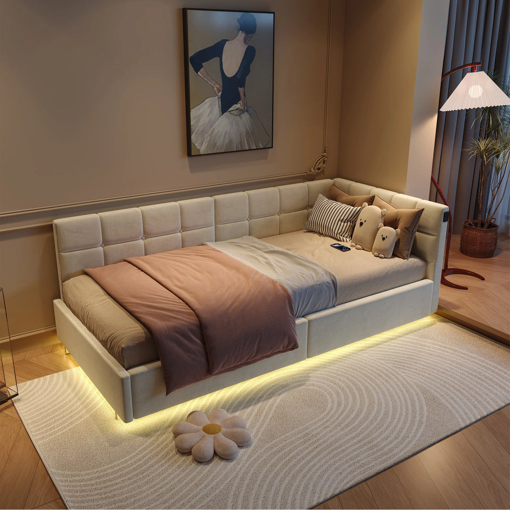 Lit banquette 90 × 200 cm avec LED, USB et rangement