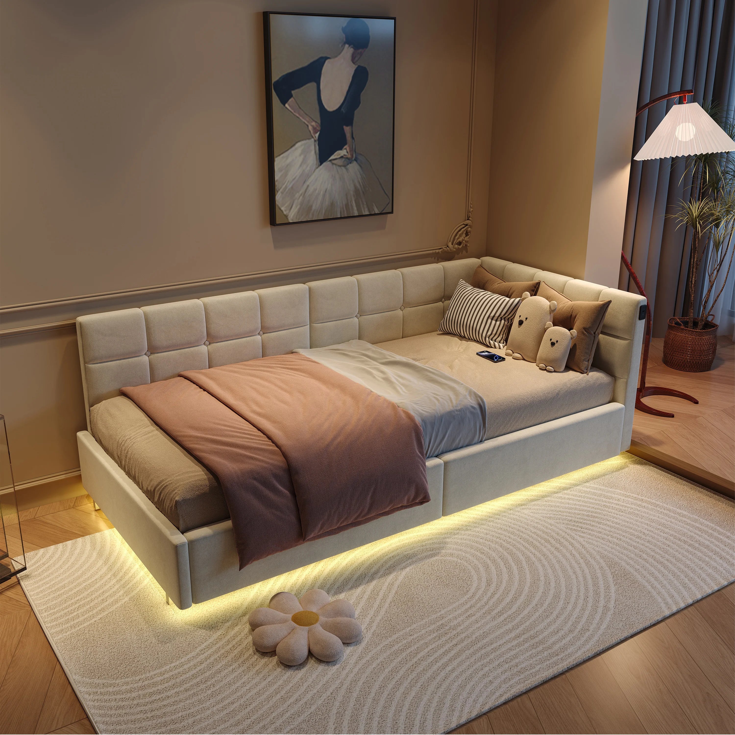 Lit banquette 90 × 200 cm avec LED, USB et rangement