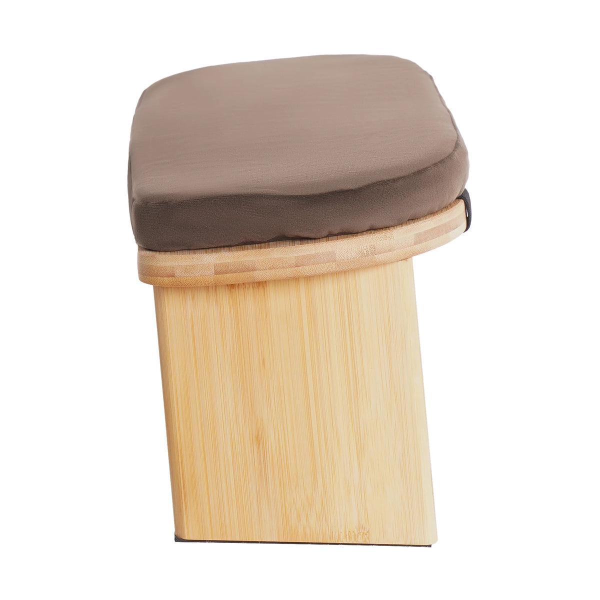 Banc de méditation pliable en bambou avec assise rembourrée — côté du piètement