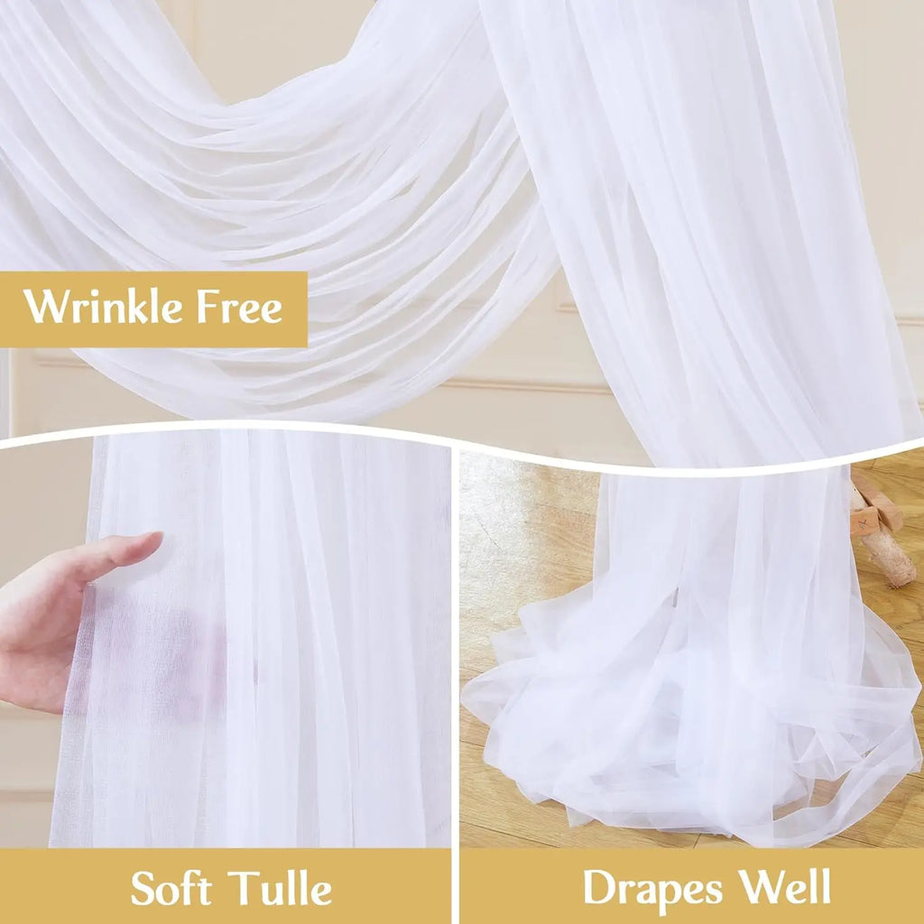 Tulle blanc en drapage, voile léger avec plis souples et ourlets retombants