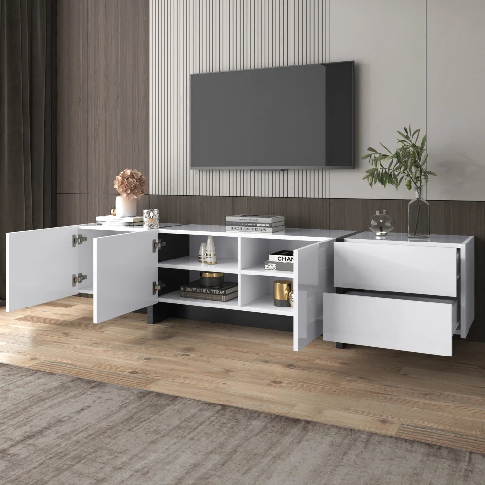 Meuble TV bas de 190 cm aux façades blanches et noires, visuel 11