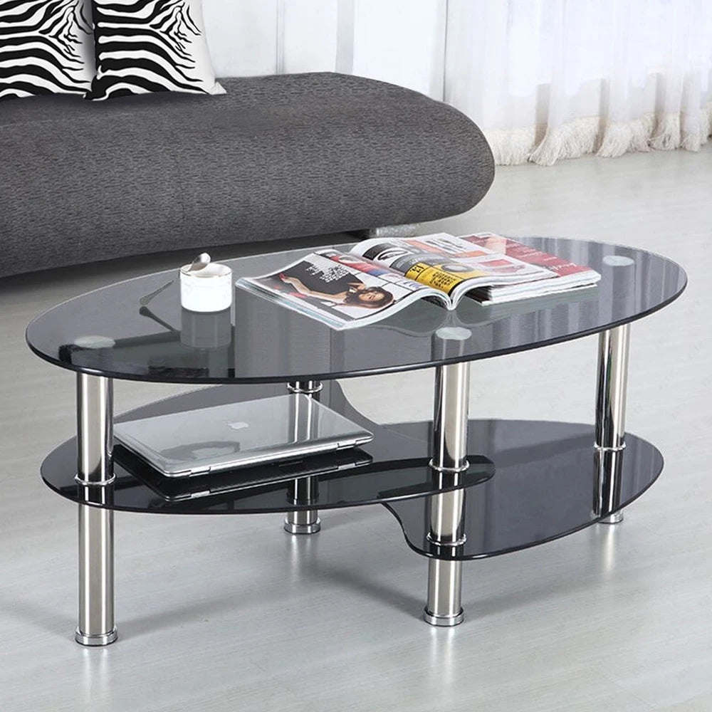 Table basse ovale en verre à 3 niveaux 90 × 50 cm