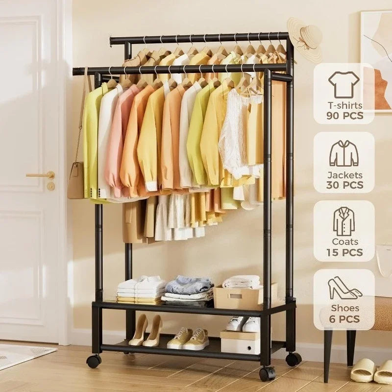 Portant double avec rangement : étagère, barres de suspension et roulettes pour vêtements.