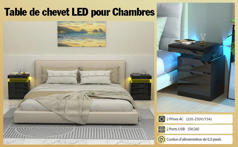 Table de chevet avec recharge et 3 tiroirs