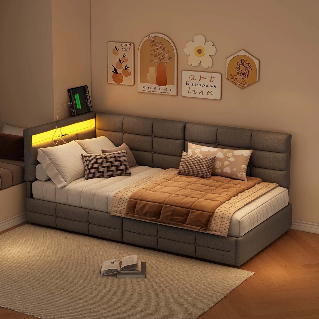 Lit banquette 90 × 200 cm avec LED, USB et rangement