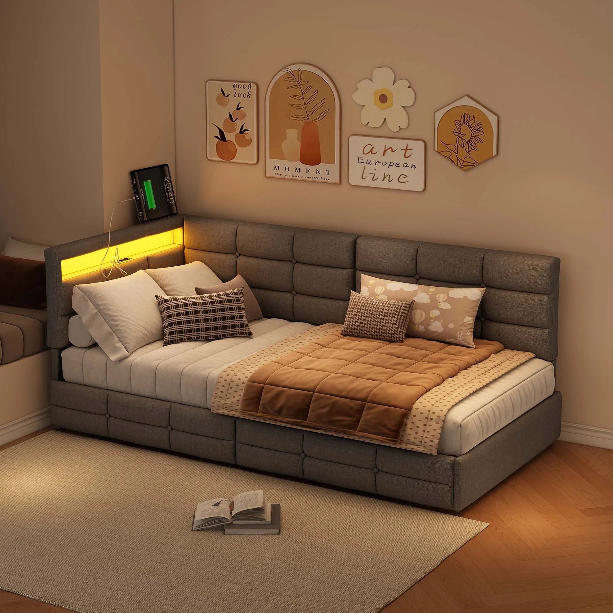 Lit banquette 90 × 200 cm avec LED, USB et rangement