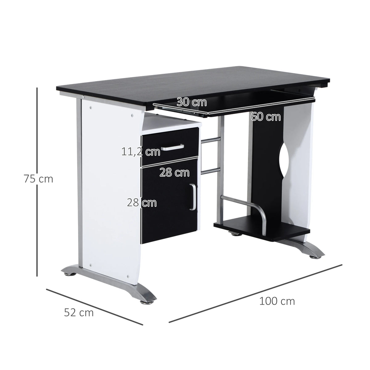 Bureau informatique compact noir et blanc de 100 cm, illustration 5