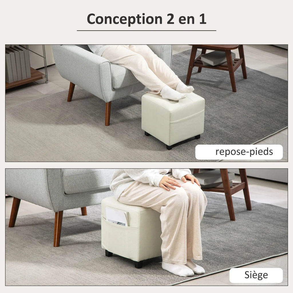 Pouf repose-pieds crème avec poche latérale, 35 cm — utilisations de l’assise