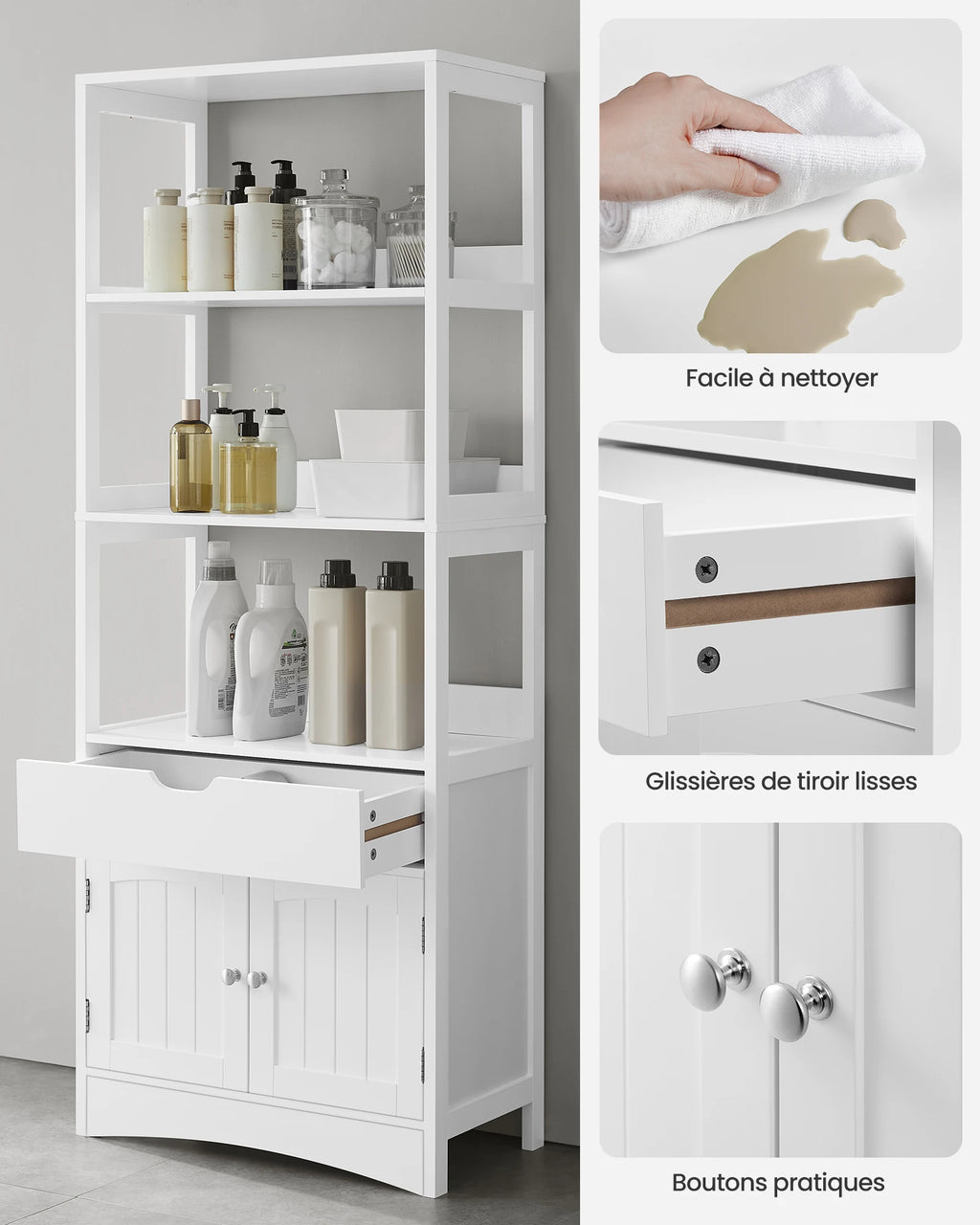 Armoire haute blanche avec 3 niches, tiroir et placard