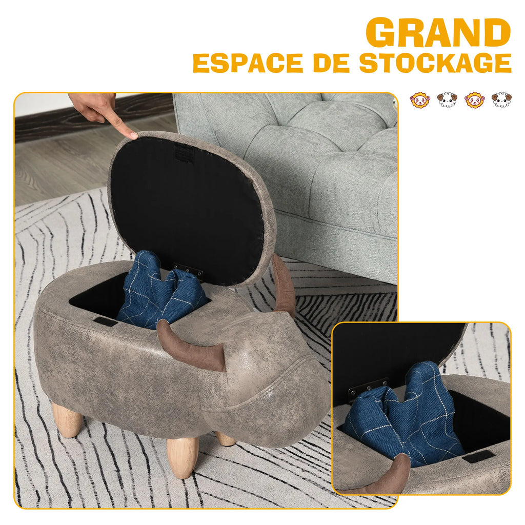 Pouf vache avec coffre de rangement, brun aspect daim — espace de rangement ouvert