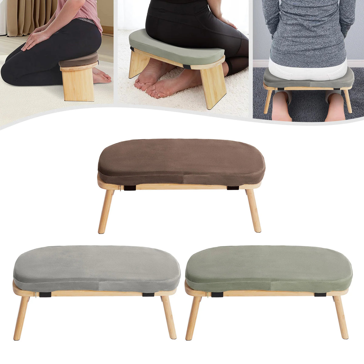 Banc de méditation pliable en bambou avec assise rembourrée — positions de méditation illustrées