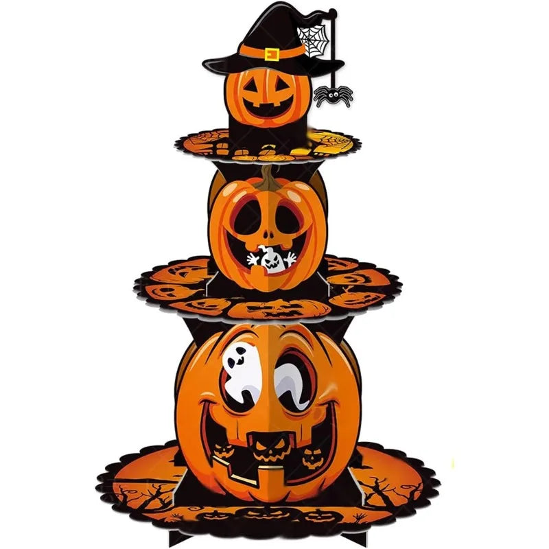 Présentoir à cupcakes Halloween, citrouilles à 3 étages — trois citrouilles et chapeau