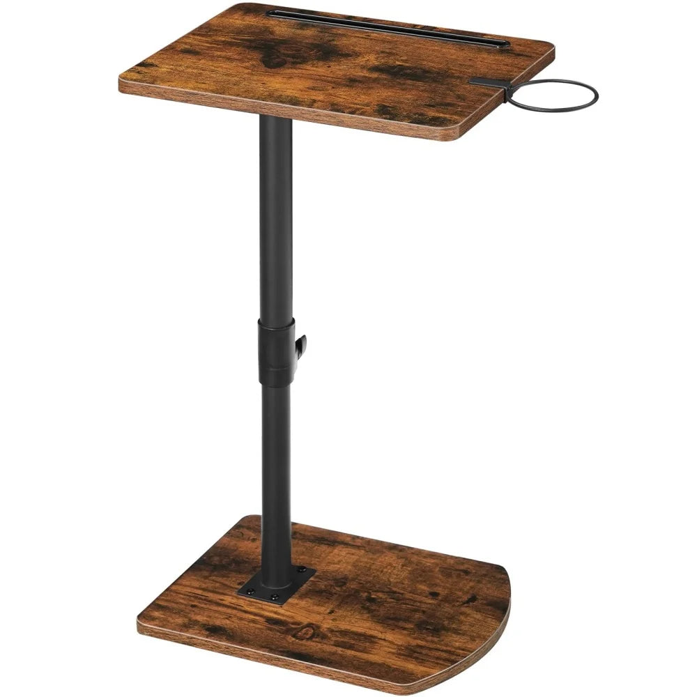 Table d’appoint en C réglable, brun vintage et porte-gobelet — vue de la table