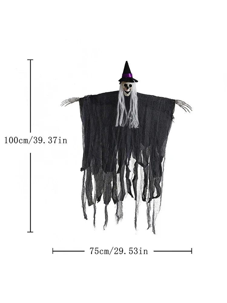 Sorcière squelette à suspendre pour Halloween : variante noire et dimensions.