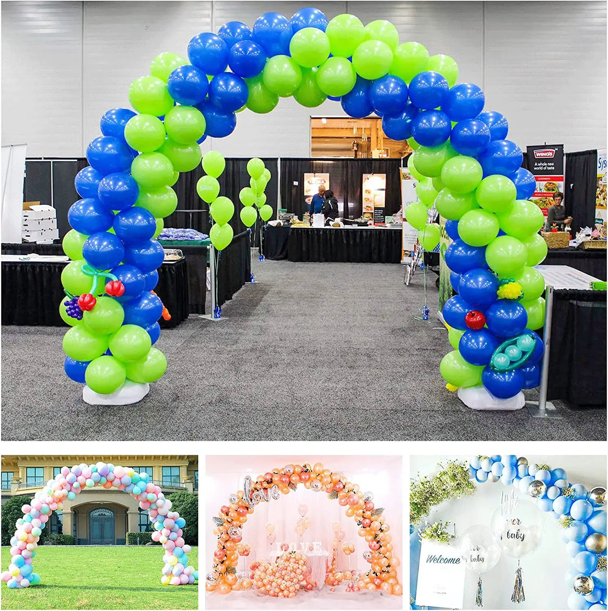 Arche de ballons bleu et vert, colonnes latérales et base blanche pour fête