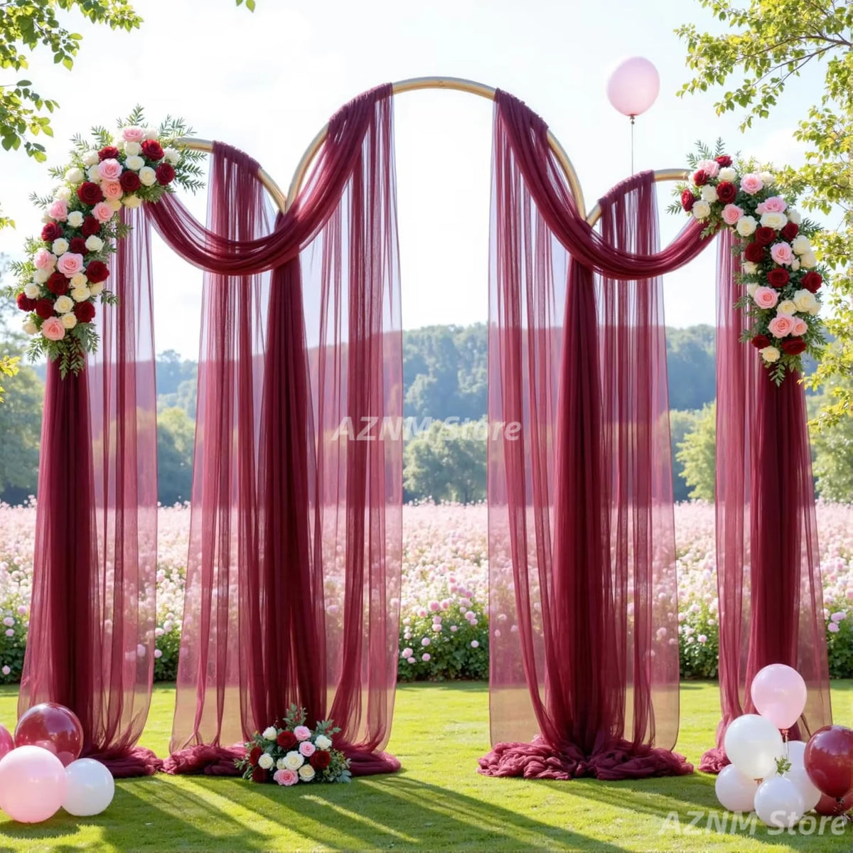 Rideaux en tulle bordeaux transparents en forme d’arche, drapés en longue cascade