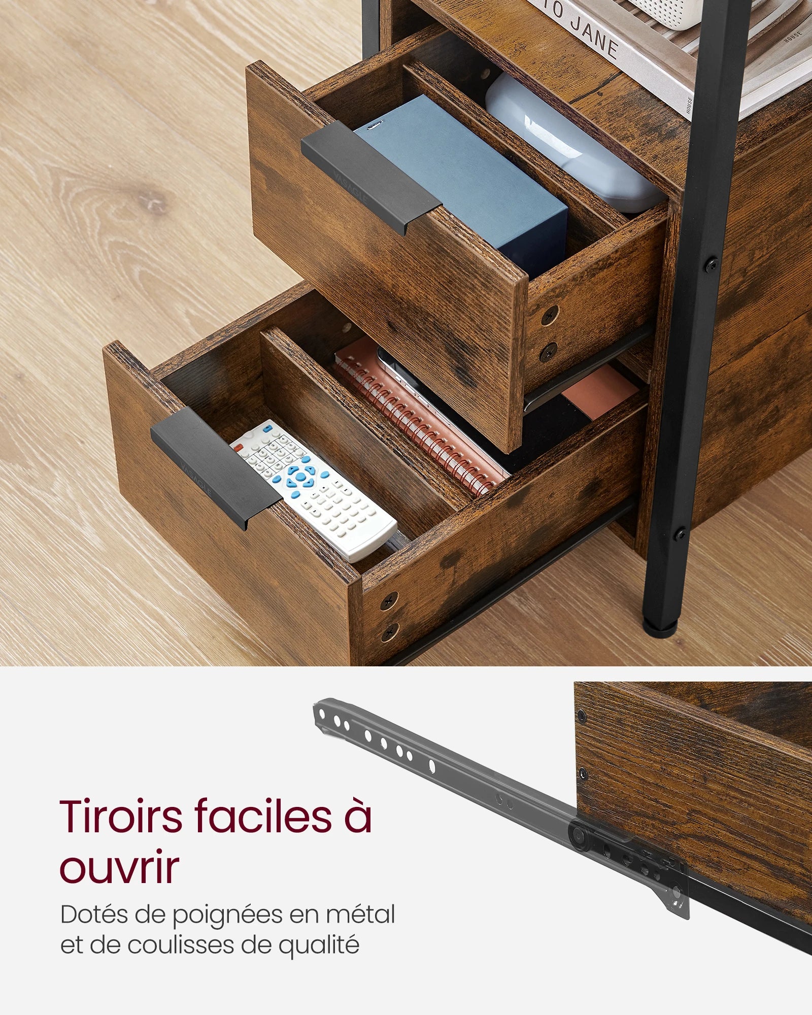 Table de chevet fine avec multiprise et 2 tiroirs