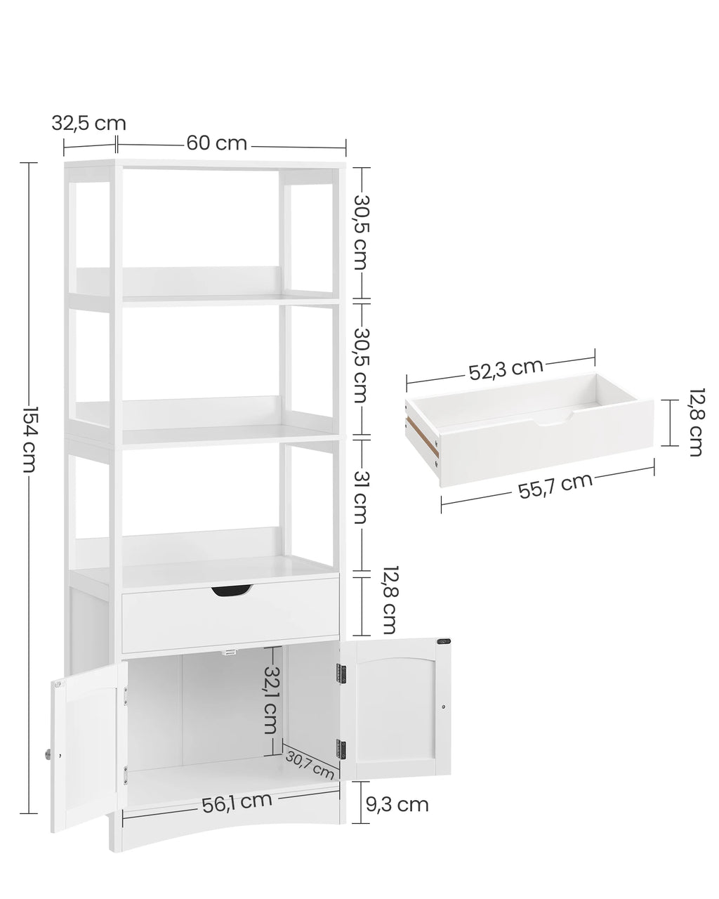 Armoire haute blanche avec 3 niches, tiroir et placard