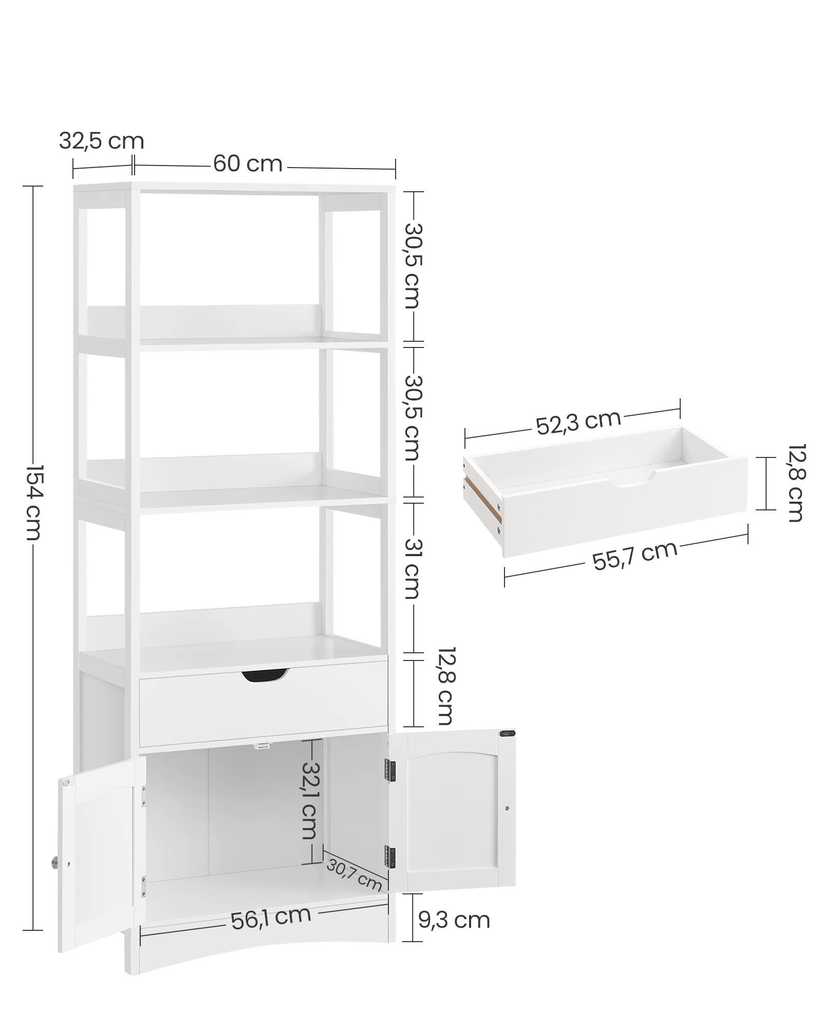 Armoire haute blanche avec 3 niches, tiroir et placard