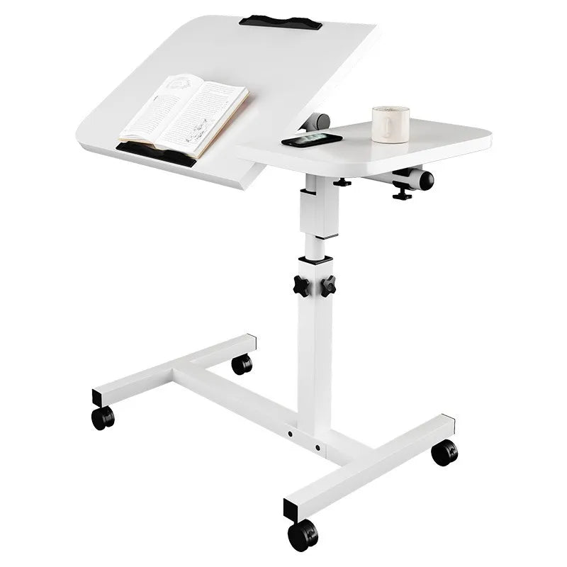 Bureau mobile blanc à plateau inclinable pour ordinateur — vue de trois quarts