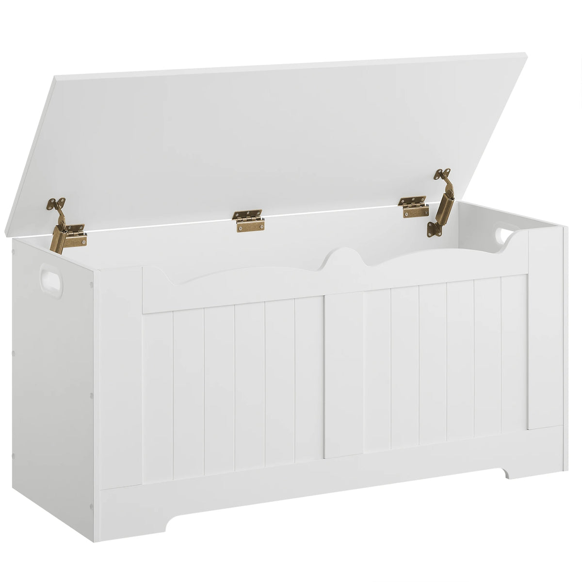 Coffre de rangement blanc avec couvercle relevé et charnières de sécurité