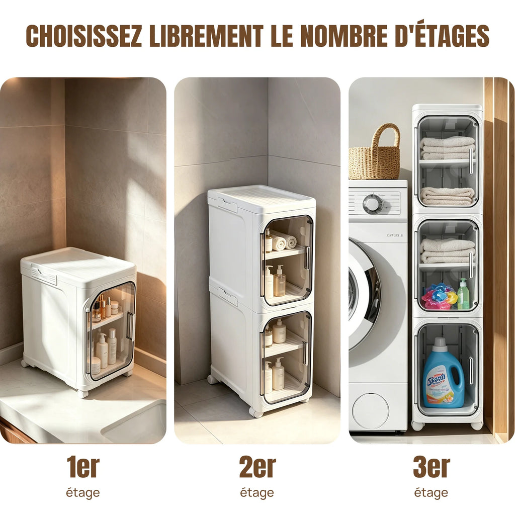 Colonne de rangement pliable à 3 niveaux sur roulettes — modules assemblés sur un à trois niveaux