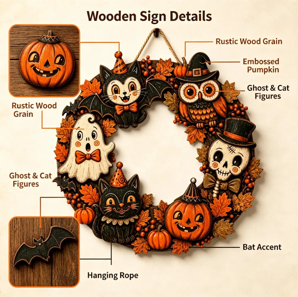 Couronne Halloween en bois, citrouilles et fantômes, 30 cm — détails des motifs