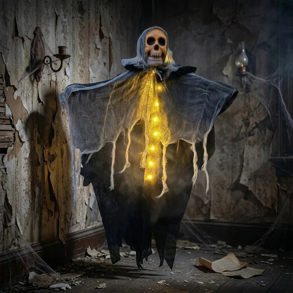 Squelette fantôme lumineux à suspendre pour Halloween : modèle à lumière jaune en intérieur.