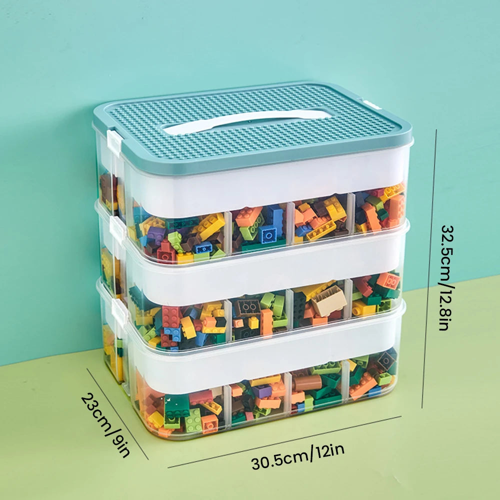 Boîte de rangement à 3 étages en plastique transparent, couvercle bleu-vert