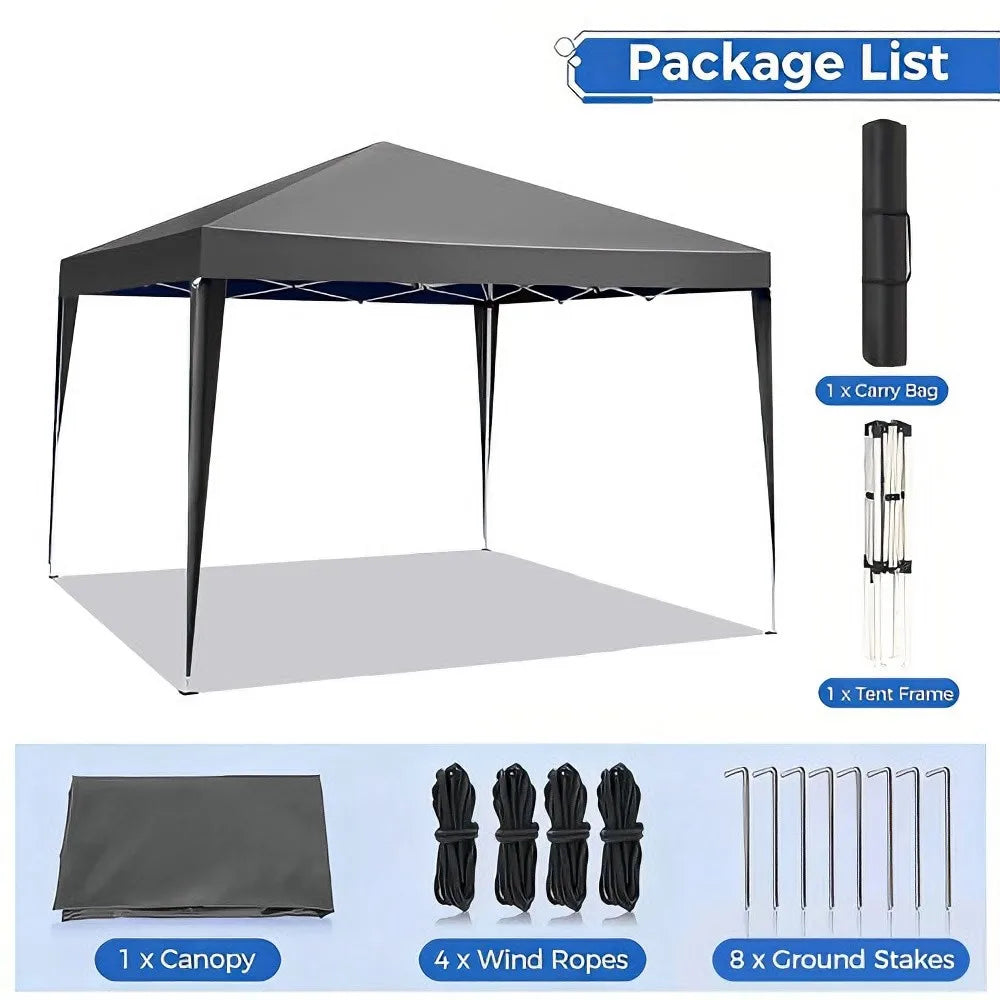Pergola pliante grise avec kit : toile, cordes, piquets et cadre de montage.