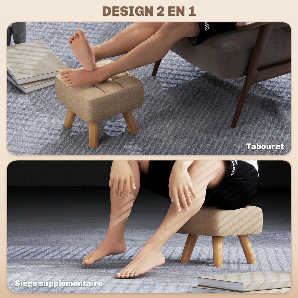 Repose-pieds beige rembourré avec pieds en bois — utilisation comme repose-pieds