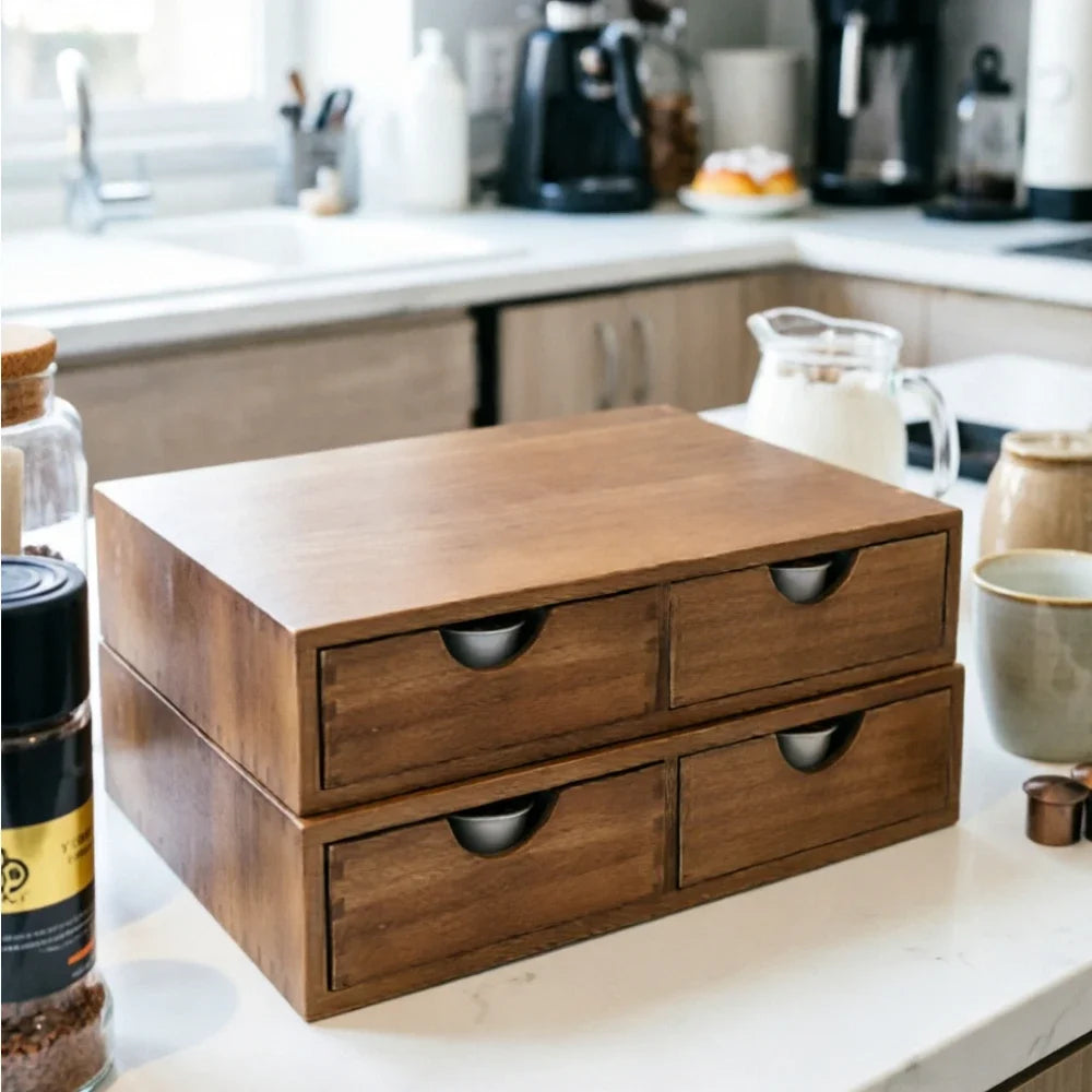 Boîte à dosettes en bois avec 2 tiroirs à poignées demi-lunes