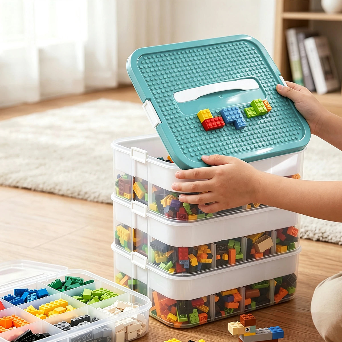 Boîte de rangement enfant à 3 étages en plastique transparent, couvercle bleu-vert