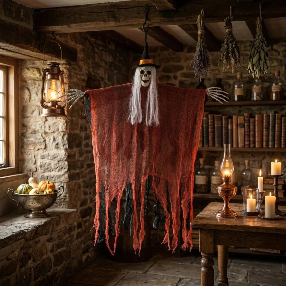 Sorcière squelette à suspendre pour Halloween : modèle rouge en intérieur.