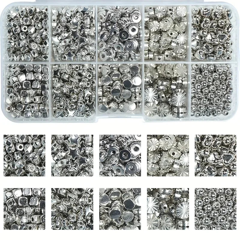 Coffret de perles DIY argentées en compartiments, formes variées pour bijoux faits main