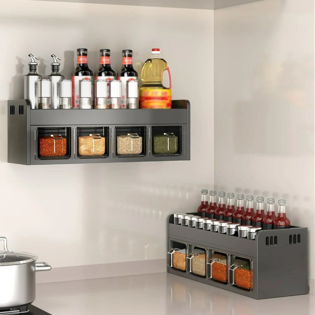 Étagère à épices murale avec 4 ou 5 pots — deux configurations de rangement