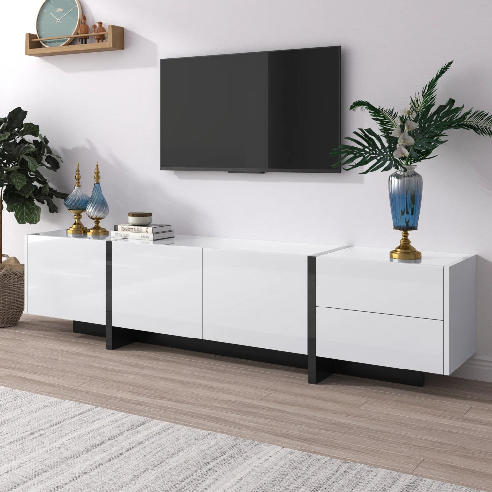 Meuble TV bas de 190 cm aux façades blanches et noires, visuel 7