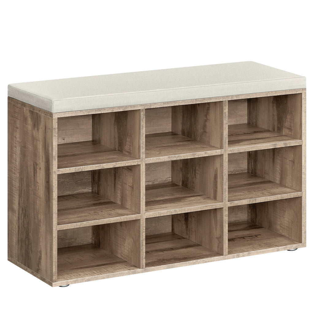 Banc à chaussures avec neuf cases et assise rembourrée, finition Marron Camel
