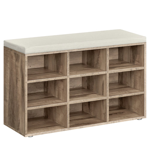 Banc à chaussures avec neuf cases et assise rembourrée, finition Marron Camel