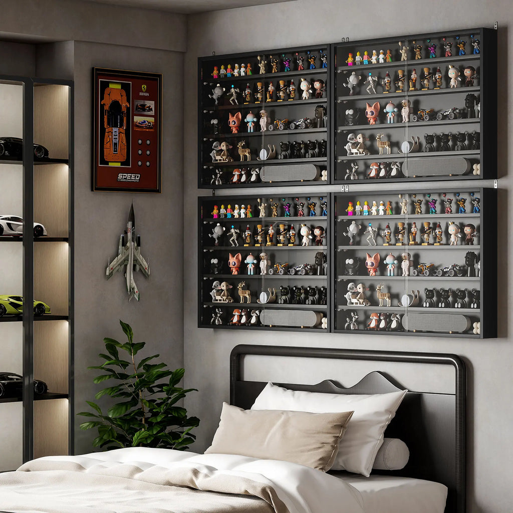 Vitrine murale noire 80 cm à portes coulissantes en verre — sur un mur