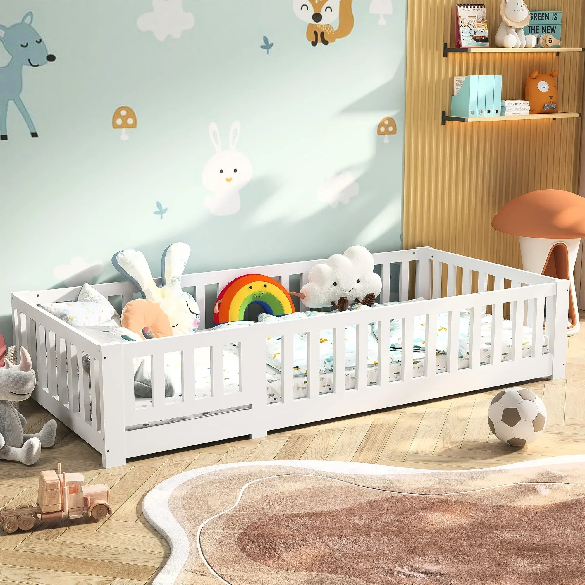 Lit Montessori en pin avec barrières et porte