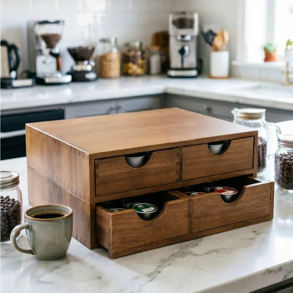 Tiroir de rangement en bois avec trois compartiments pour capsules de café