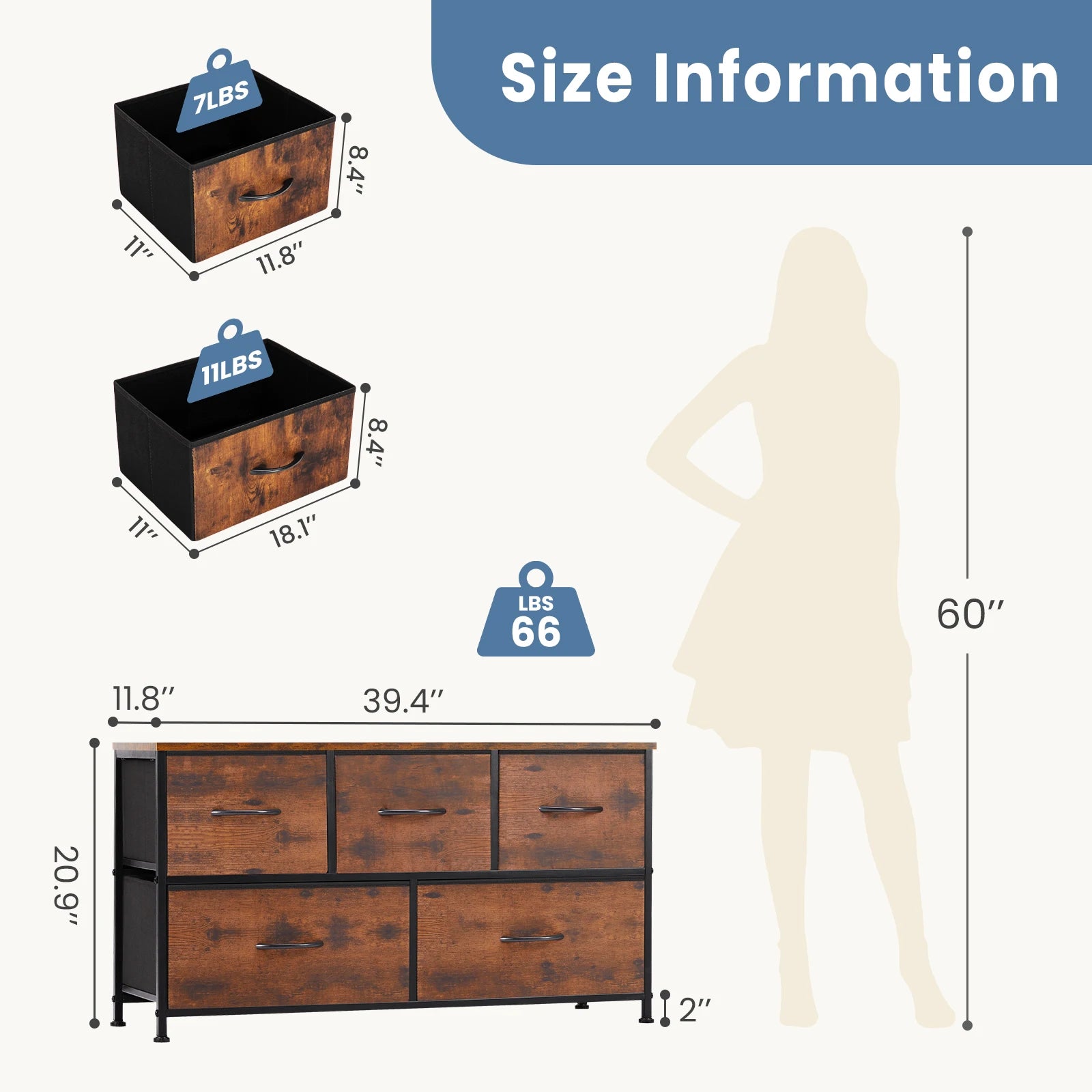 Commode en tissu à 5 tiroirs avec cadre en acier
