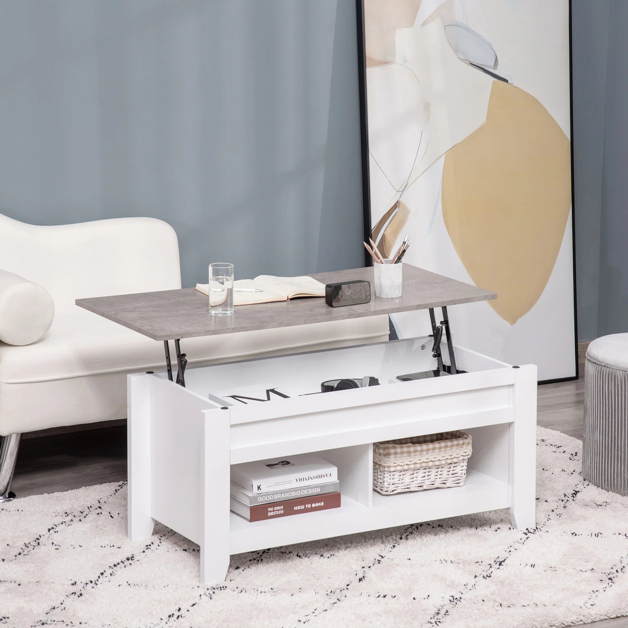 Table basse relevable avec 2 compartiments 105 cm