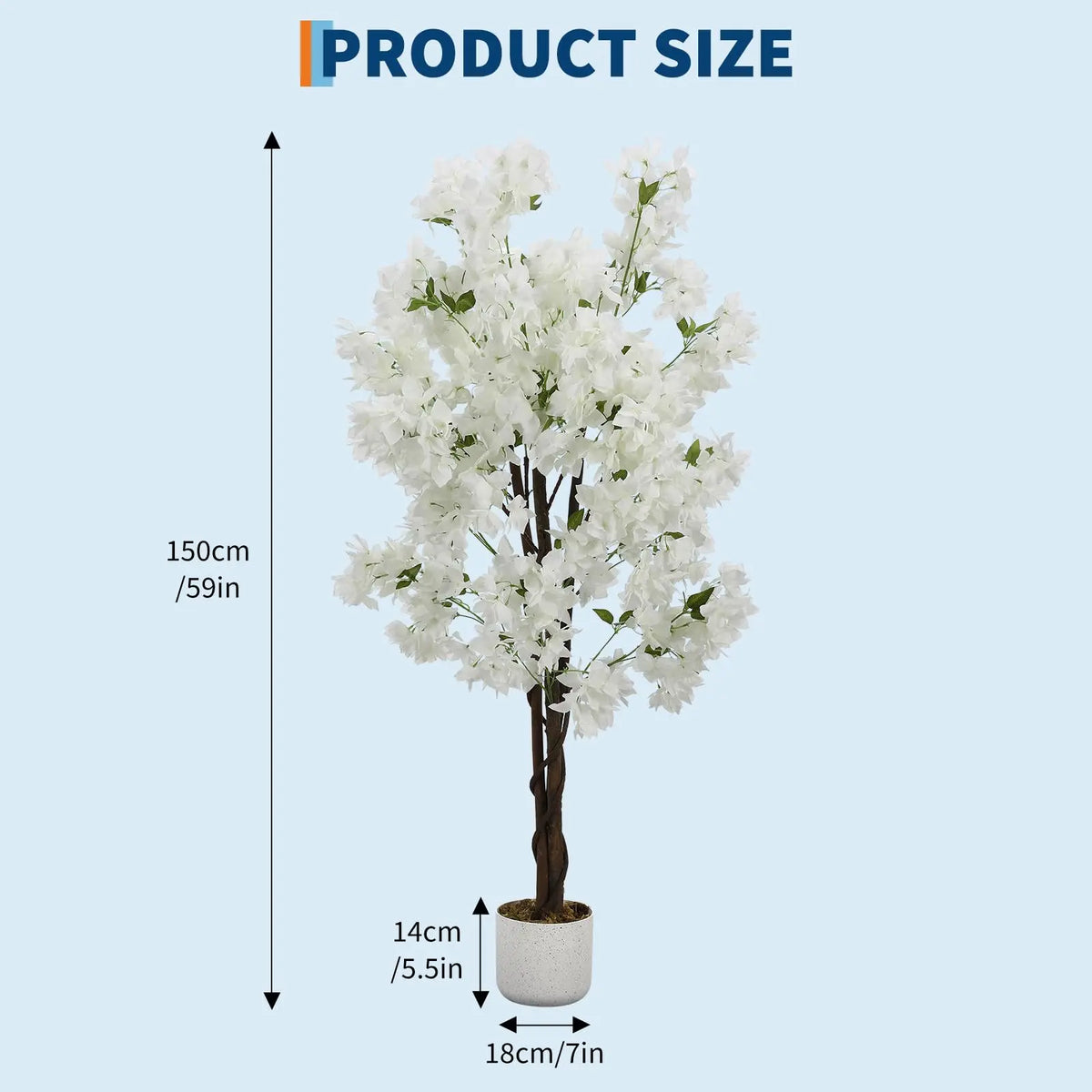Arbre artificiel de cerisier blanc en pot, vue avec dimensions.