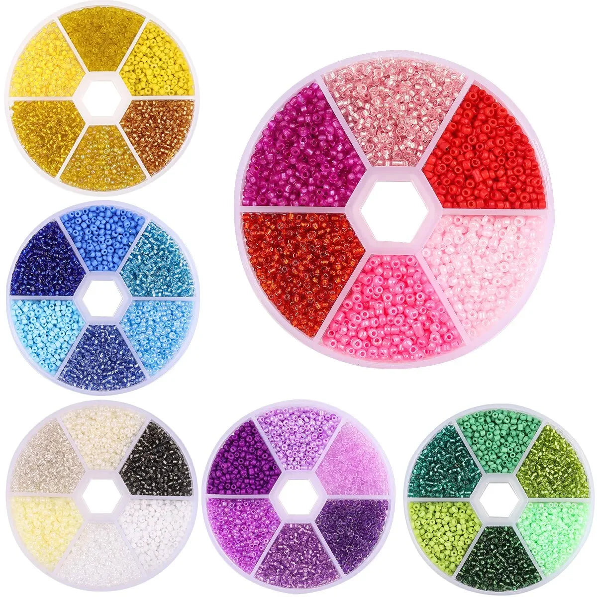 Coffret de perles de riz en verre, roues avec compartiments de couleurs vives.