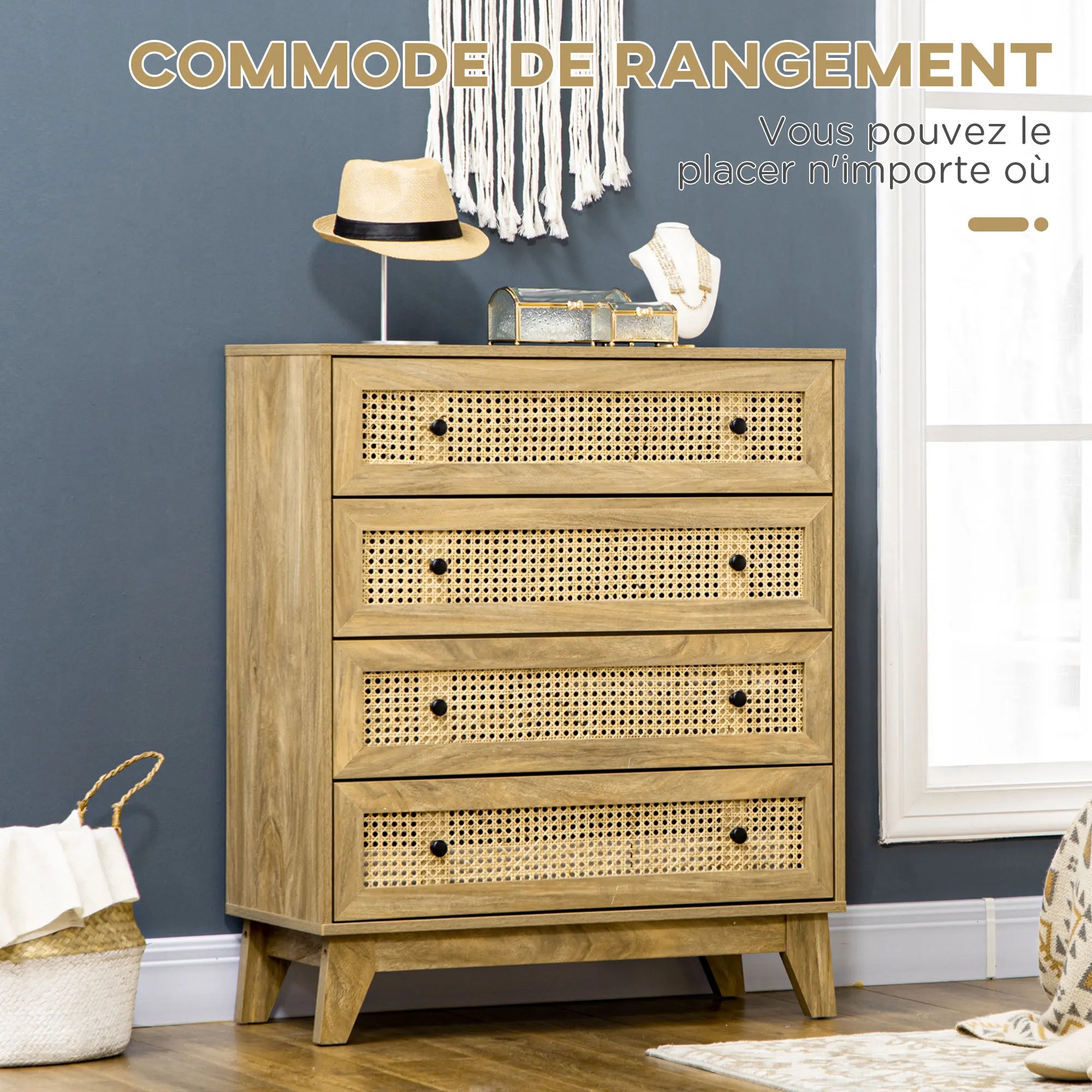 Commode 4 tiroirs en bois clair et cannage rotin