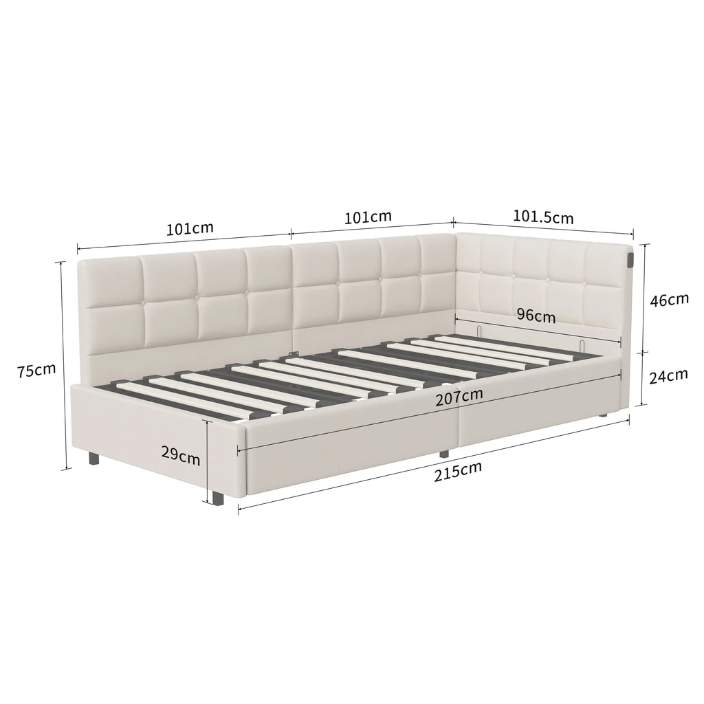 Lit banquette 90 × 200 cm avec LED, USB et rangement