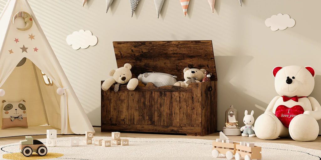 Coffre banc relevable en bois brun foncé, couvercle ouvert avec rangement intérieur